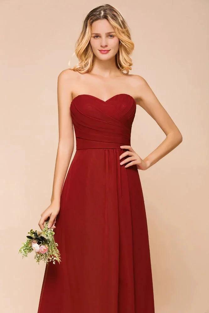 Sweetheart Red Bridesmaid Dress Chiffon Floor-Length Wedding Guest Dress backless by misshow.com