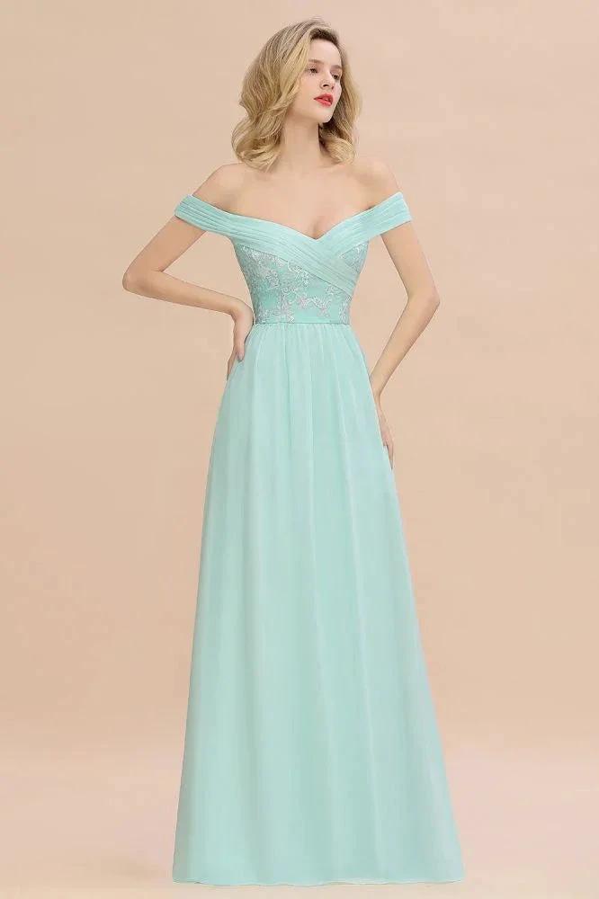 Sweetheart Ruffles Simple Prom Dresses Off the Shoulder aline Bridesmaid Dress by misshow.com