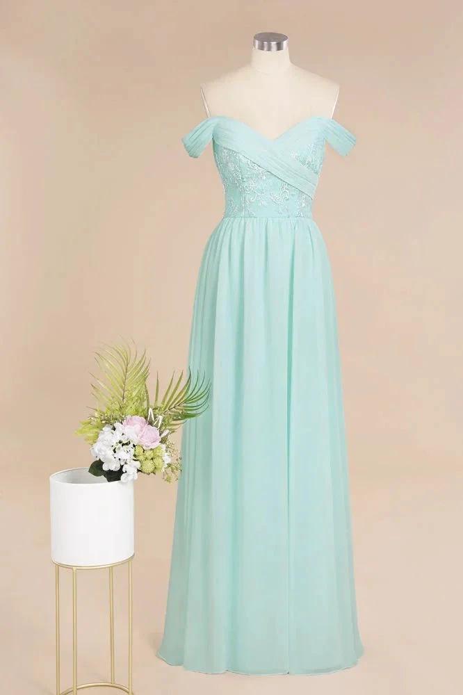 Sweetheart Ruffles Simple Prom Dresses Off the Shoulder aline Bridesmaid Dress by misshow.com