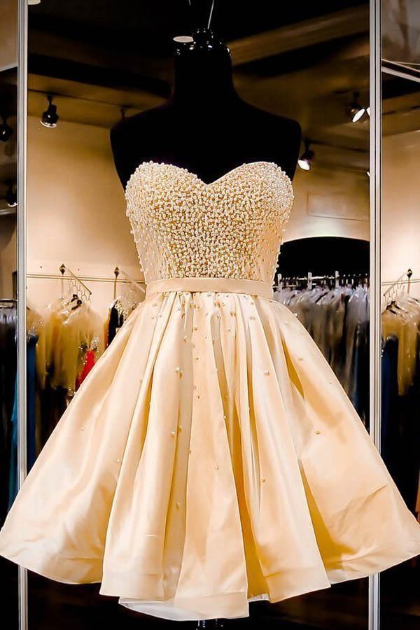 Vestido corto de fiesta de bienvenida con escote corazón, encaje y perlas PD283