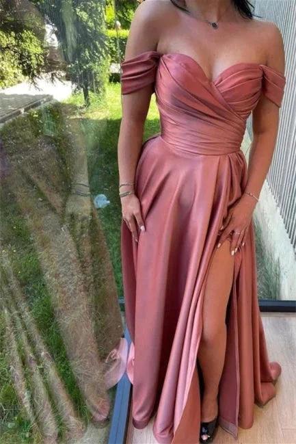 Sweetheart Simple Long Off-the-shoulder A-line Prom Dress With Slit by misshow.com