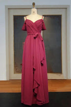 Sweetheart Spaghetti A-line Floor Length Ruffled Chiffon Prom Dresses with Bow Sash by misshow.com