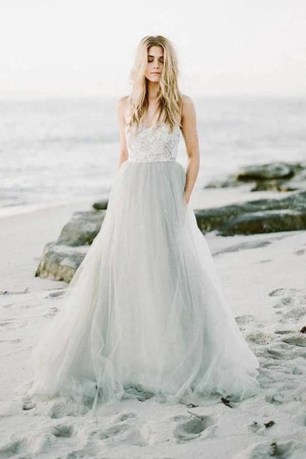 Sweetheart Strapless A Line Bohemian Wedding Dress Modest Tulle Bridal Gown WD427 by pgmdress