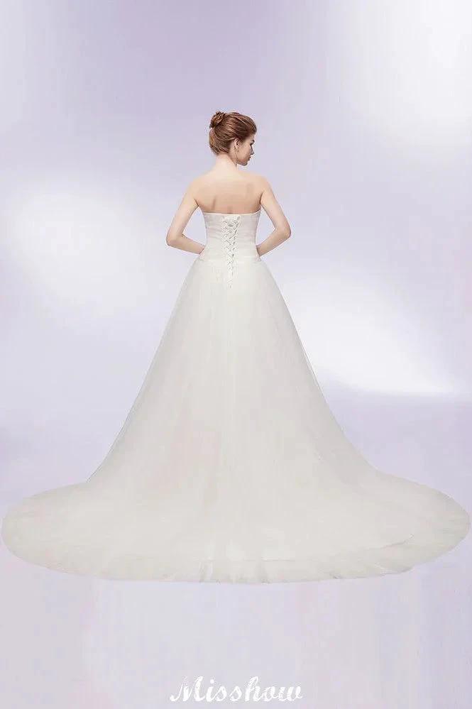 Sweetheart Strapless A-line Feathers Tulle Wedding Dresses by misshow.com