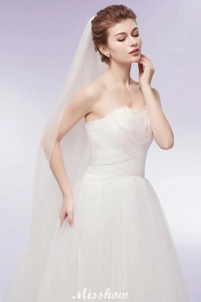 Sweetheart Strapless A-line Feathers Tulle Wedding Dresses by misshow.com