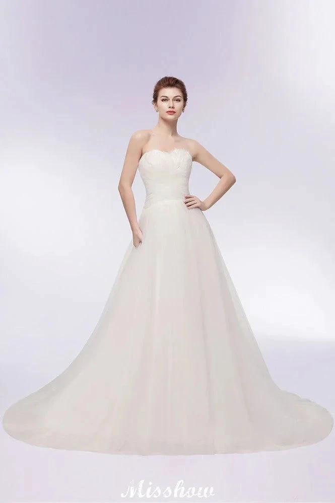 Sweetheart Strapless A-line Feathers Tulle Wedding Dresses by misshow.com