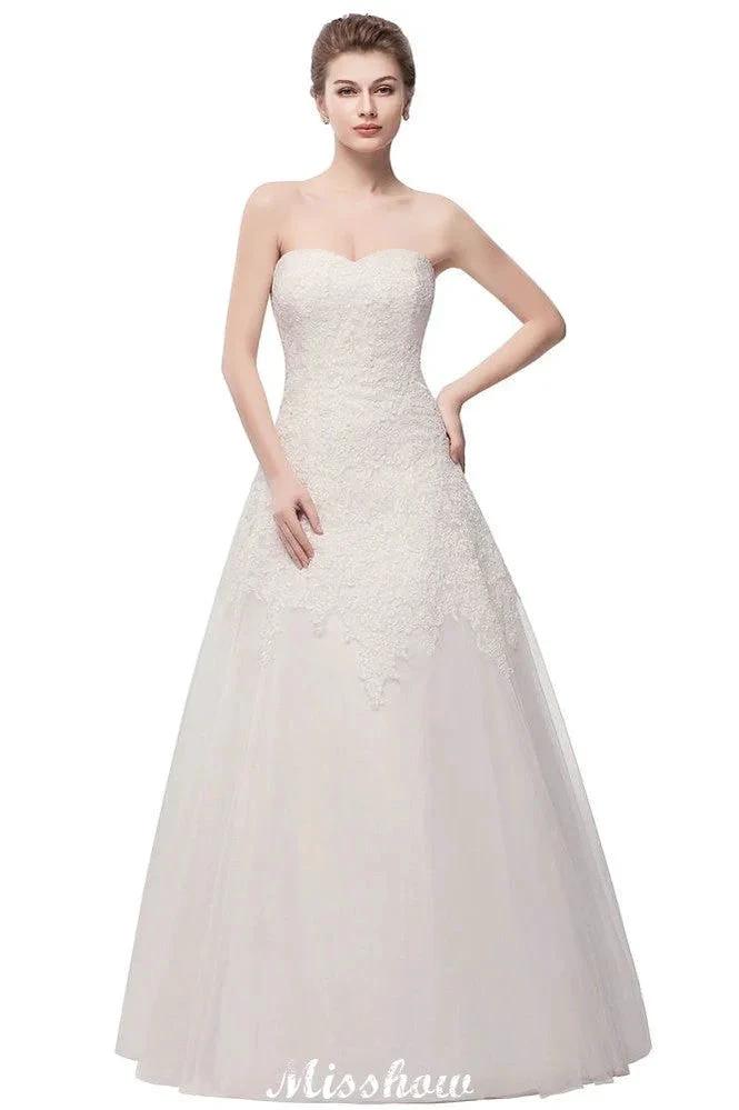 Sweetheart Strapless A-line Long Lace Tulle Wedding Dresses by misshow.com