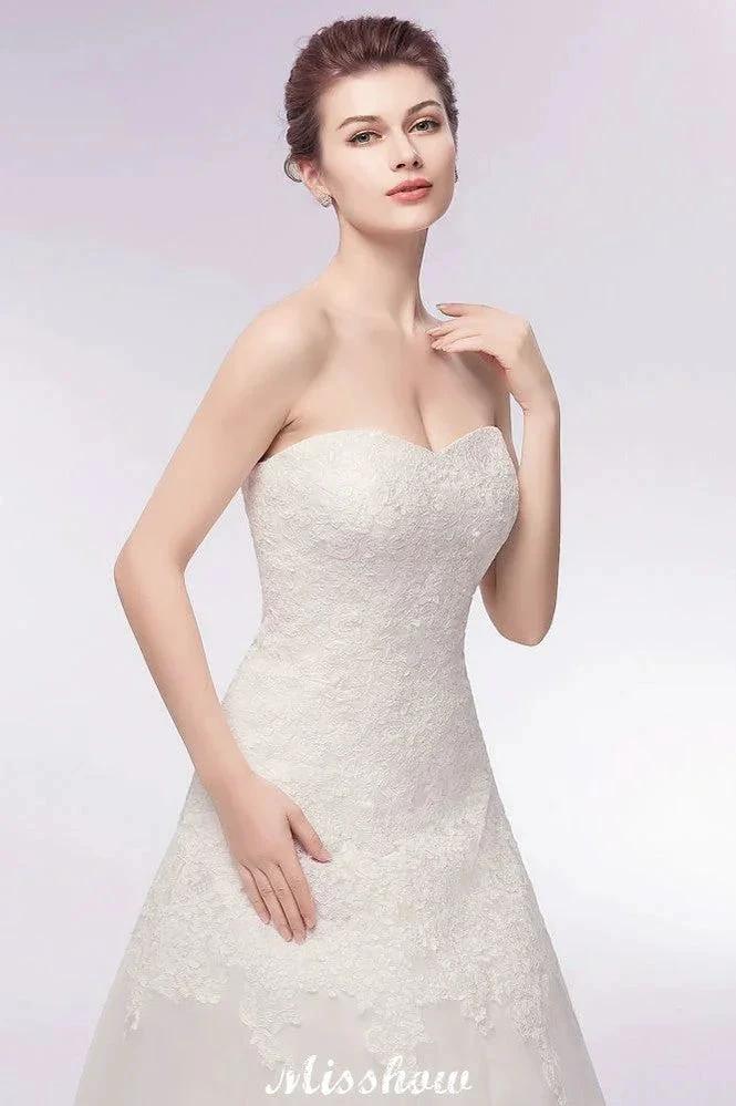 Sweetheart Strapless A-line Long Lace Tulle Wedding Dresses by misshow.com