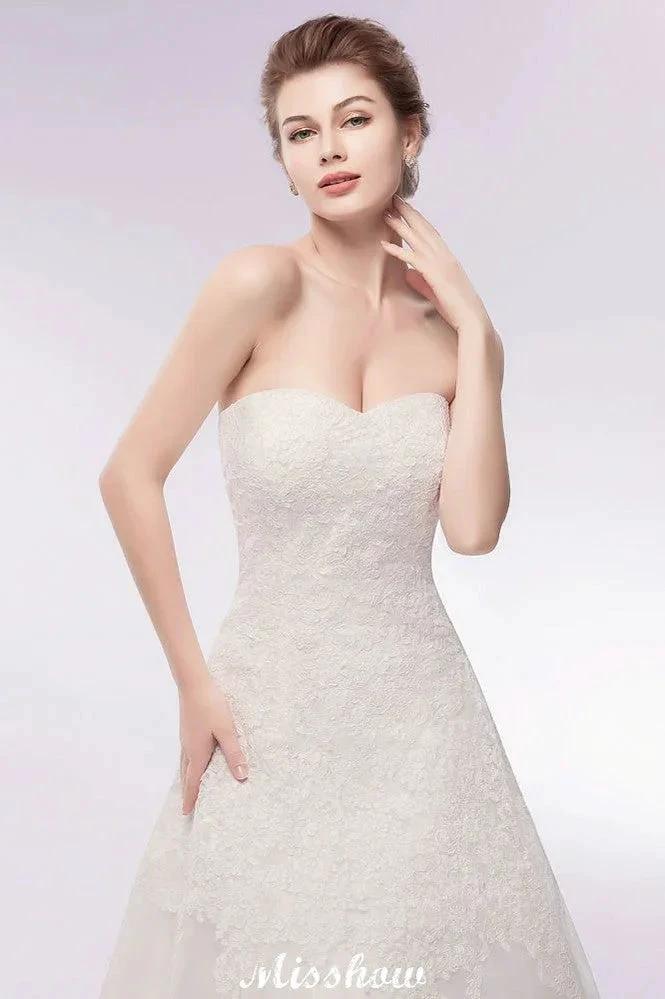 Sweetheart Strapless A-line Long Lace Tulle Wedding Dresses by misshow.com