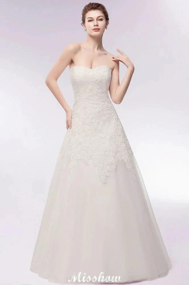 Sweetheart Strapless A-line Long Lace Tulle Wedding Dresses by misshow.com