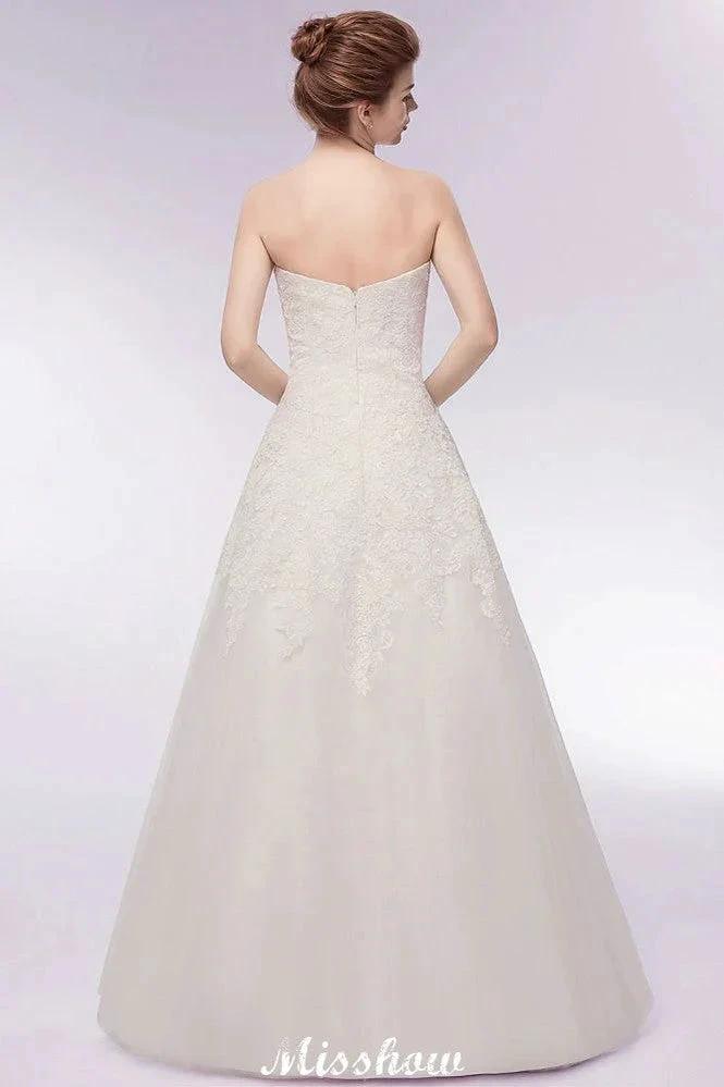 Sweetheart Strapless A-line Long Lace Tulle Wedding Dresses by misshow.com