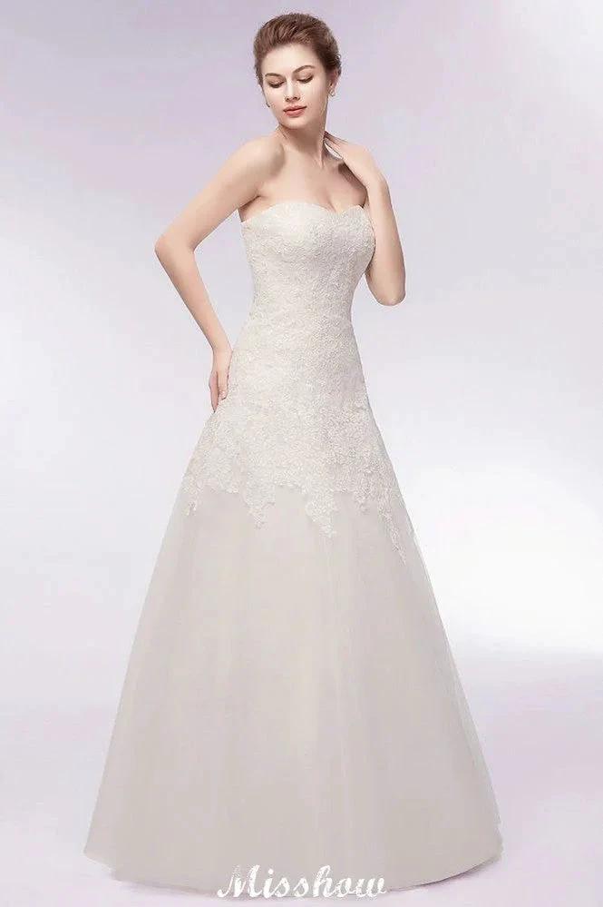 Sweetheart Strapless A-line Long Lace Tulle Wedding Dresses by misshow.com