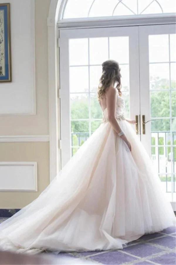 Sweetheart Strapless Flowers Beading Wedding Dress With Court Train WD092 by pgmdress