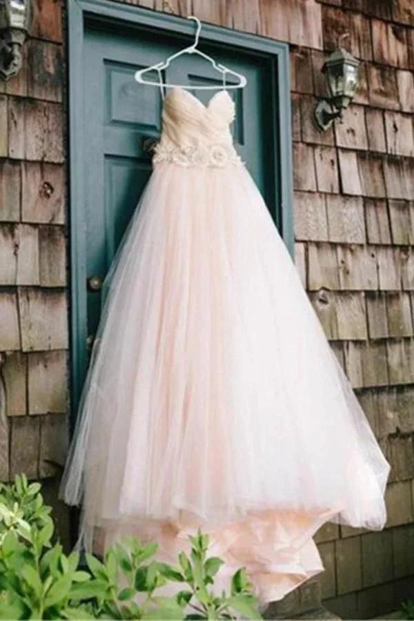 Sweetheart Strapless Flowers Beading Wedding Dress With Court Train WD092 by pgmdress