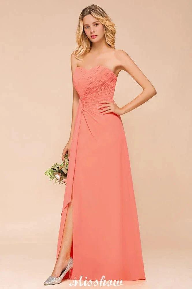Sweetheart Strapless Ruffle Bridesmaid Dress Chiffon Long Maid of Honor Dress by misshow.com