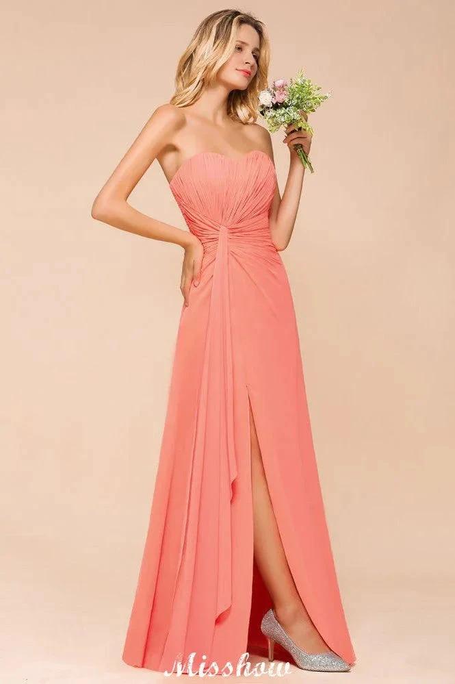 Sweetheart Strapless Ruffle Bridesmaid Dress Chiffon Long Maid of Honor Dress by misshow.com