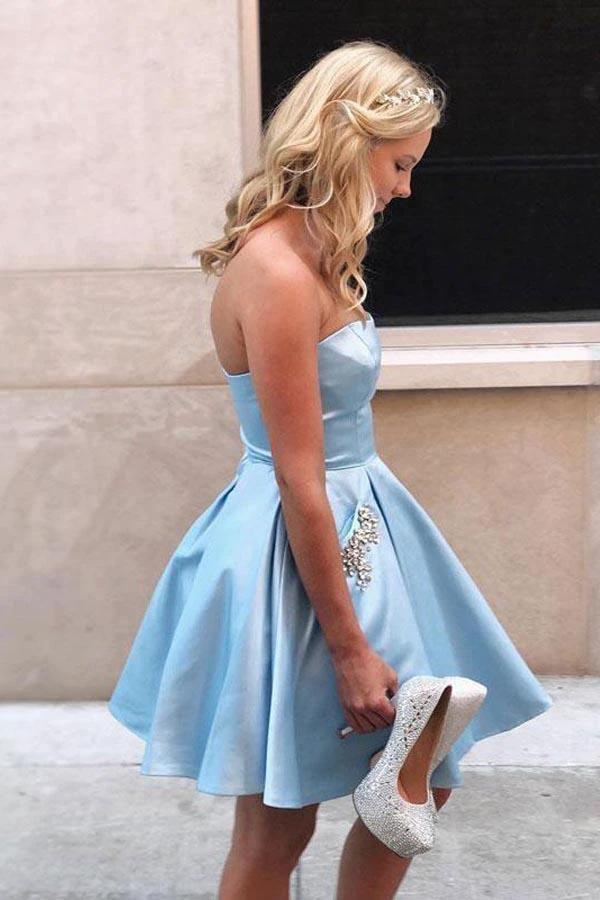 Sweetheart Strapless Sky Blue Short Homecoming/Party Dress with Pockets PD097 by pgmdress