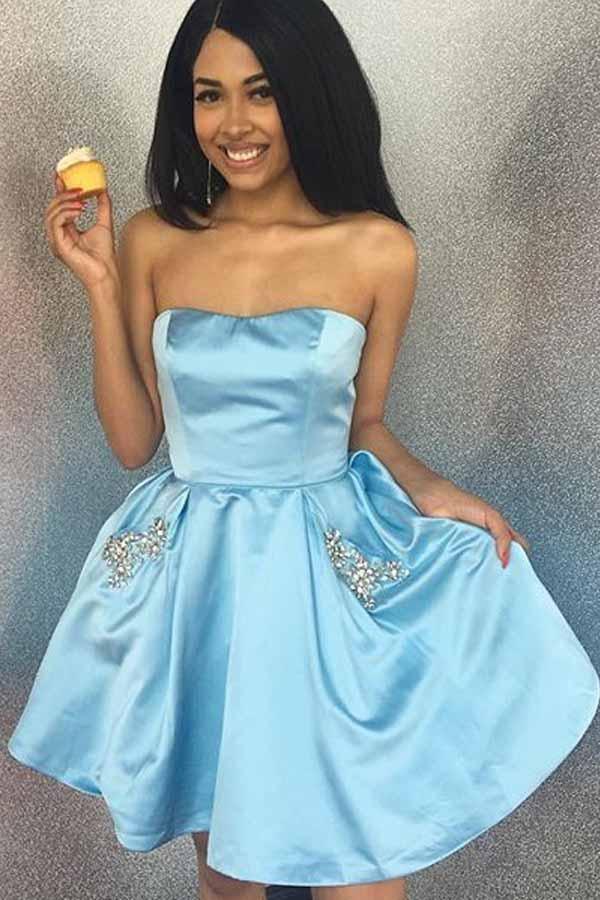 Sweetheart Strapless Sky Blue Short Homecoming/Party Dress with Pockets PD097 Hover Image