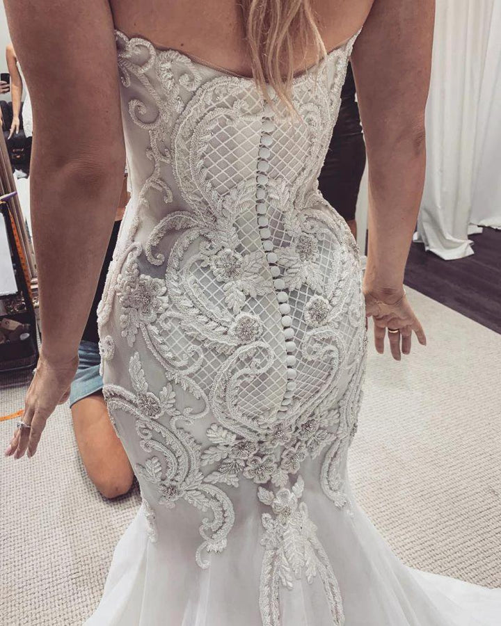 Sweetheart Stunning Lace Mermaid Buttons Wedding Dress by misshow.com