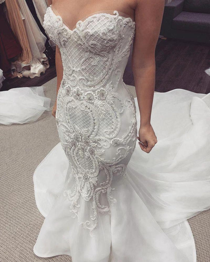Sweetheart Stunning Lace Mermaid Buttons Wedding Dress by misshow.com