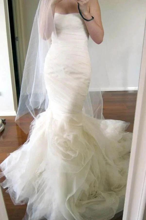 Sweetheart Sweep Train Tiered Mermaid Ivory Wedding Dress Ruched WD162 by pgmdress