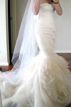Sweetheart Sweep Train Tiered Mermaid Ivory Wedding Dress Ruched WD162 by pgmdress