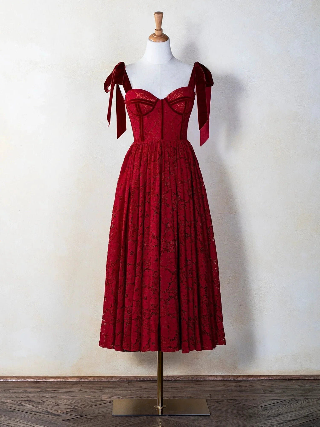 Corset Bow Straps Tea Length Lace Prom Dress by Anne of Brittany