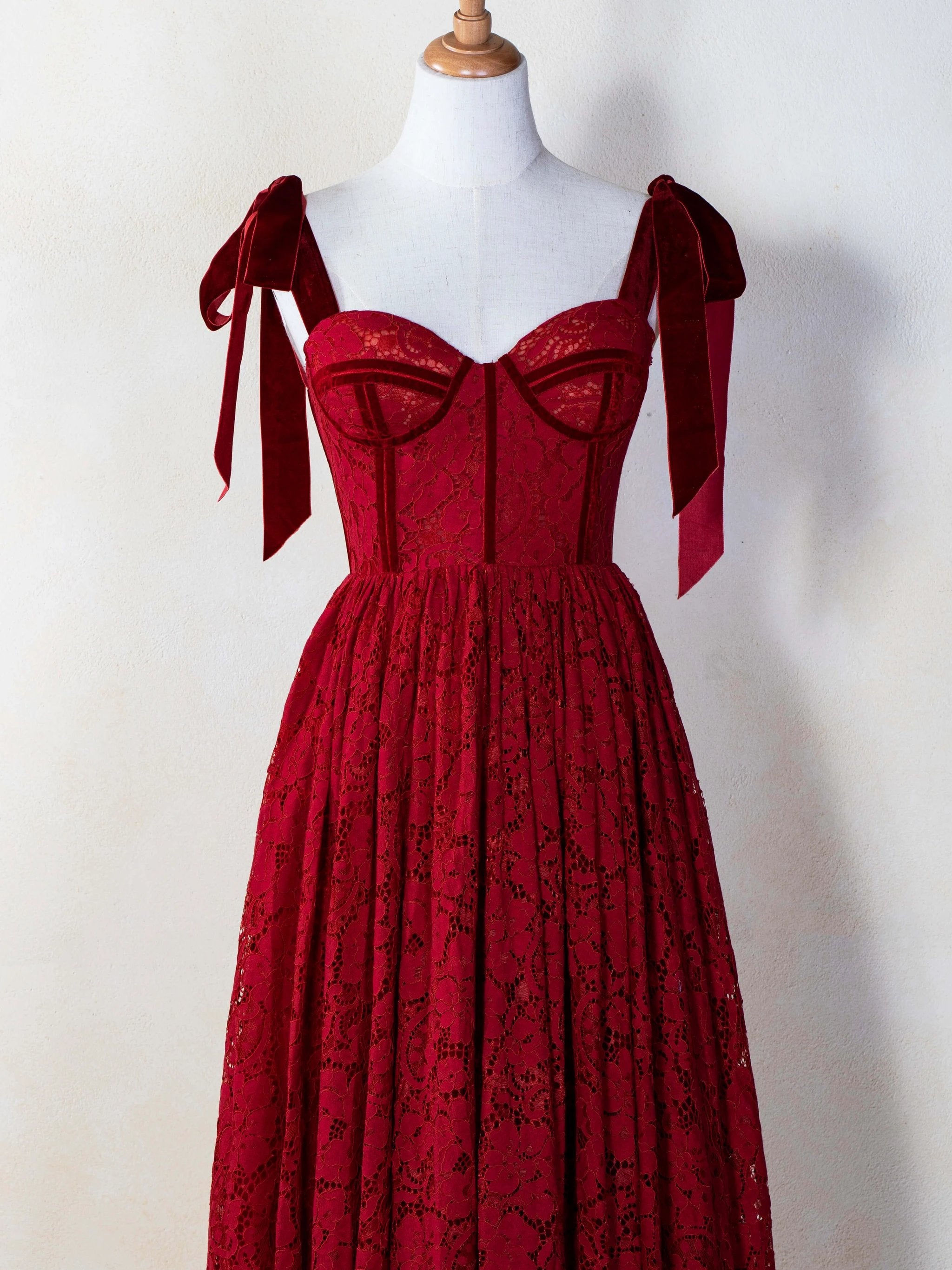 Corset Bow Straps Tea Length Lace Prom Dress by Anne of Brittany