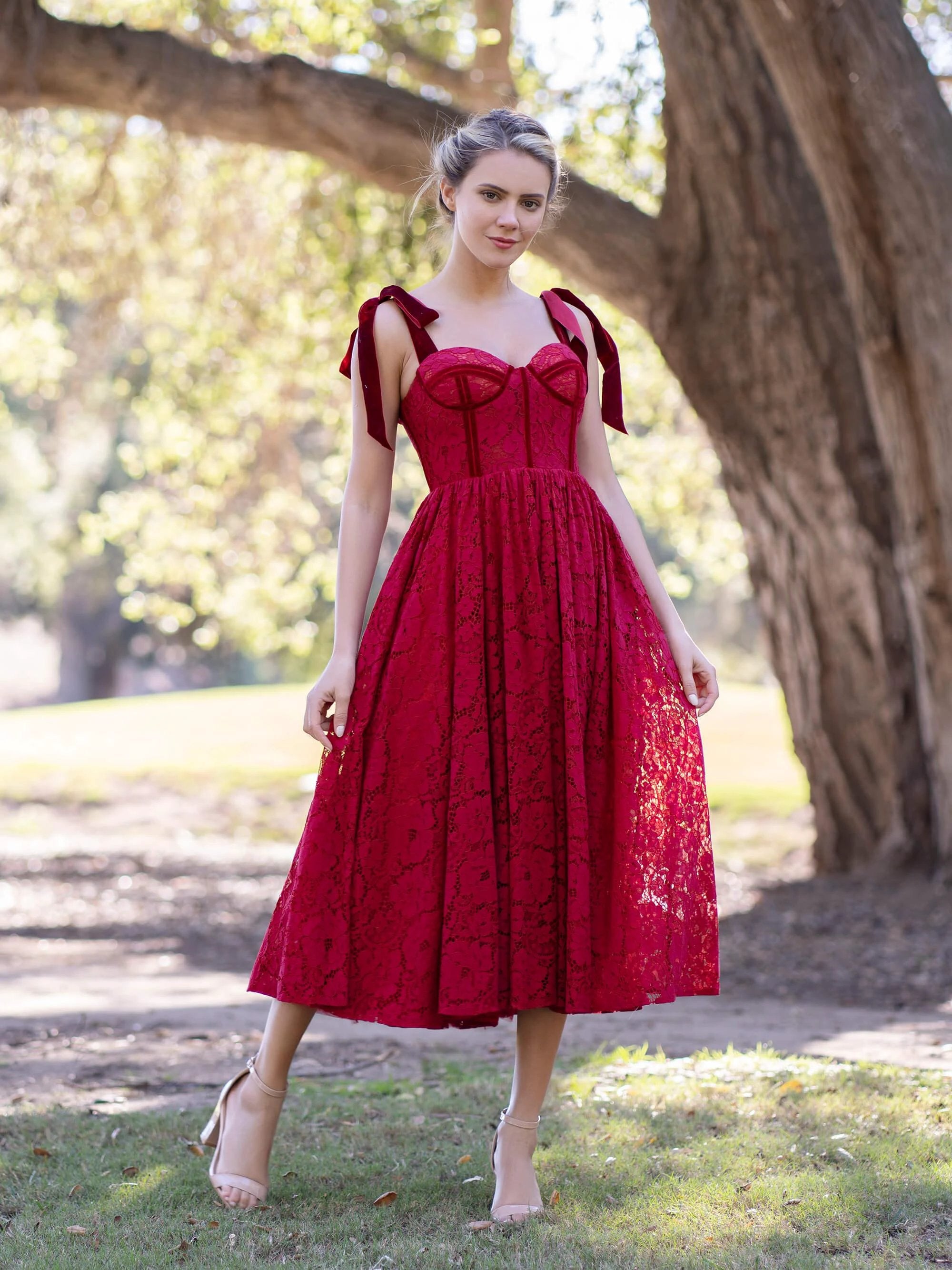 Corset Bow Straps Tea Length Lace Prom Dress by Anne of Brittany