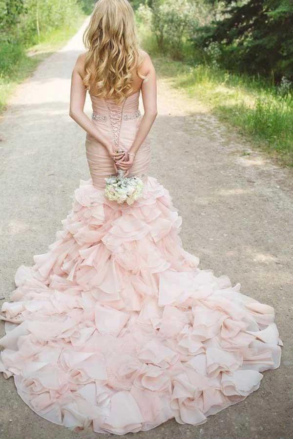 Sweetheart Tiered Train Organza Mermaid Wedding Dress with Beading WD160 by pgmdress