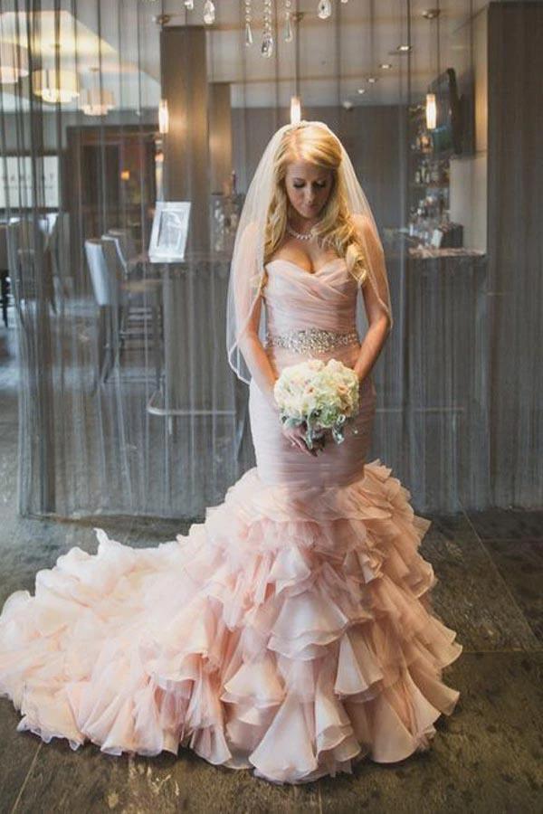 Sweetheart Tiered Train Organza Mermaid Wedding Dress with Beading WD160 by pgmdress