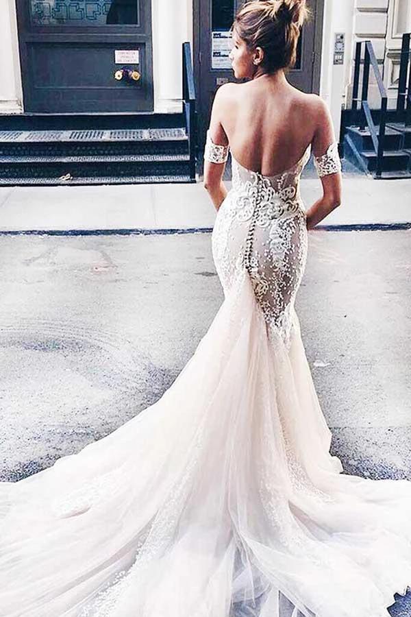 Sweetheart Watteau Train Mermaid Wedding Dress with White Lace WD270 by pgmdress