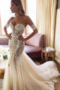 Sweetheart Watteau Train Mermaid Wedding Dress with White Lace WD270 by pgmdress