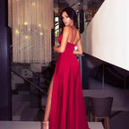 Sexy Long V-neck A-line Satin Prom Dress with Slit by BIZTUNNEL