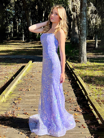 Sylvia | Vestidos de fiesta largos de sirena con tirantes finos, encaje lila y lentejuelas 