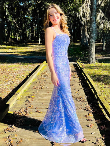 Sylvia | Vestidos de fiesta largos de sirena con tirantes finos, encaje lila y lentejuelas 