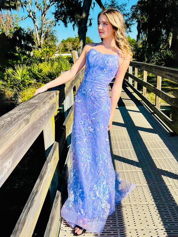 Sylvia | Vestidos de fiesta largos de sirena con tirantes finos, encaje lila y lentejuelas 