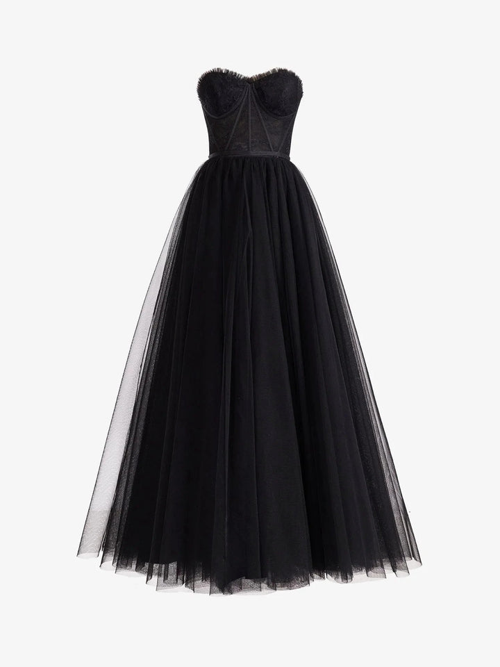 Talia | Black A Line Sweetheart Corset Tulle Prom Dress with Slit by KissProm