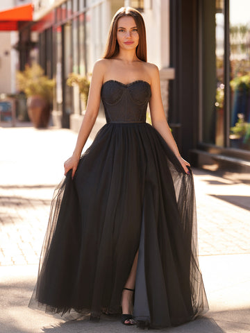Talia | Vestido de fiesta negro de tul con escote en forma de A y escote corazón, con abertura