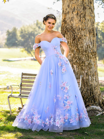 Bernadette | Vestido de fiesta de tul con apliques y hombros descubiertos hasta el suelo