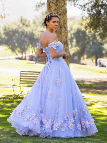 Bernadette | Vestido de fiesta de tul con apliques y hombros descubiertos hasta el suelo