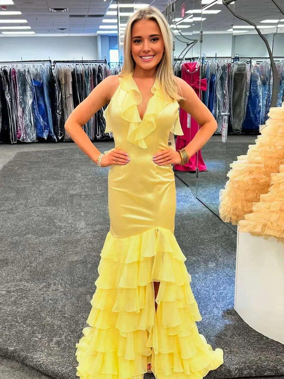 Tatum | Yellow V Neck Satin Mermaid Ruffles Long Prom Dress by KissProm