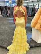Tatum | Yellow V Neck Satin Mermaid Ruffles Long Prom Dress by KissProm