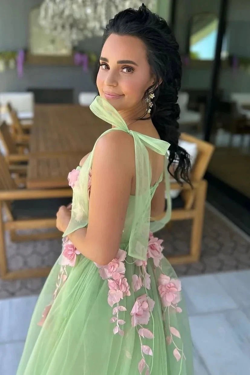 Taurus | Sweet Green A-Line Straps Sleeveless Appliques Tulle Long Prom Dress by KissProm