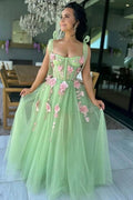 Taurus | Sweet Green A-Line Straps Sleeveless Appliques Tulle Long Prom Dress by KissProm