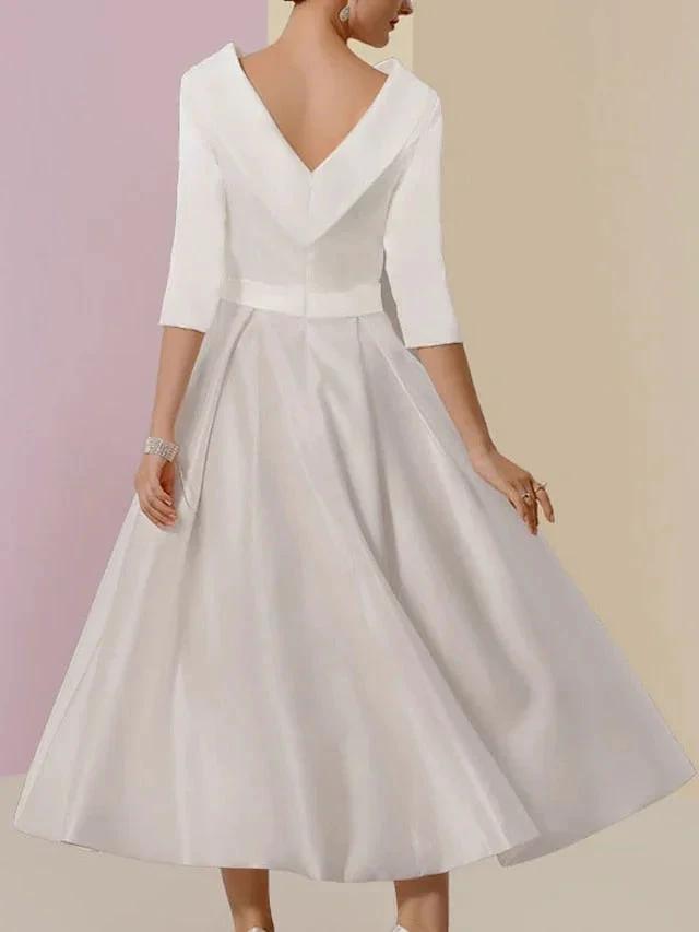 A-Line/Princess Jewel Neck Half Sleeve Tea Length Mother of the Bride Dresses with Pockets Pleats by Dreamylily