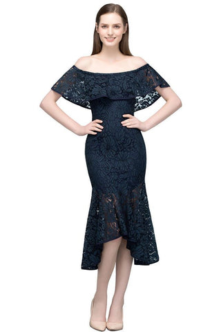 Vestidos de fiesta de encaje con hombros descubiertos, corte sirena, color negro, hasta la rodilla