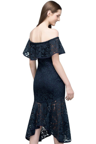 Vestidos de fiesta de encaje con hombros descubiertos, corte sirena, color negro, hasta la rodilla