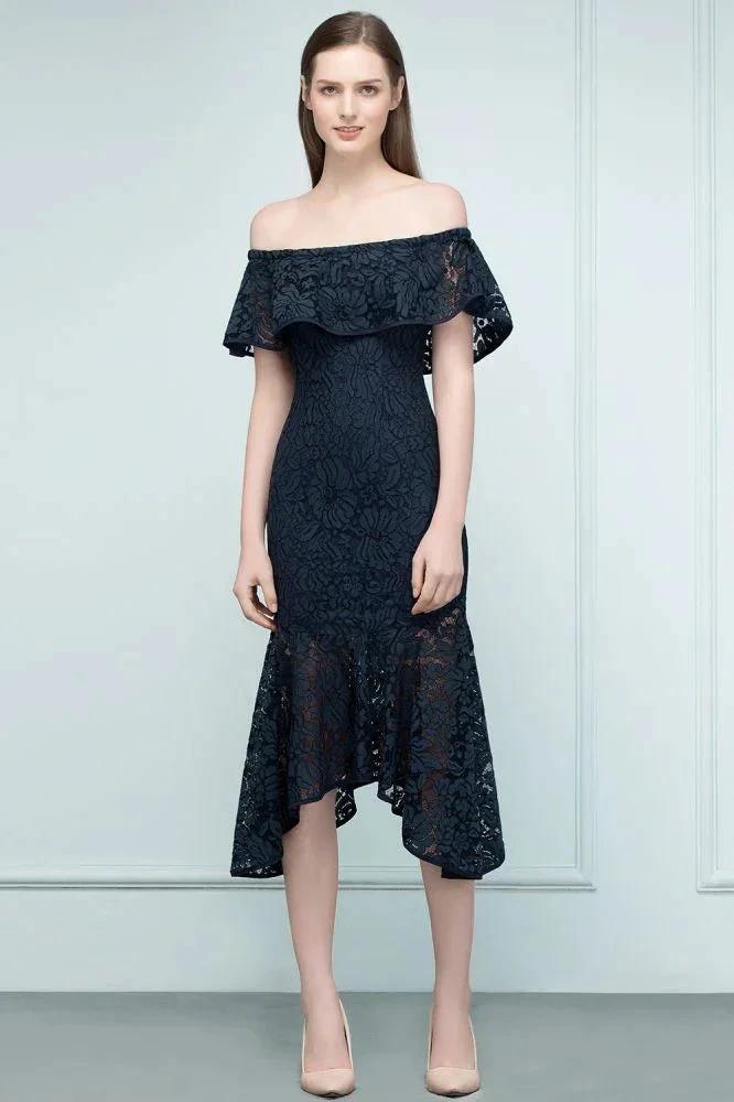 Tea Length Black Mermaid Off-shoulder Lace Prom Dresses by misshow.com