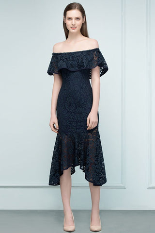 Vestidos de fiesta de encaje con hombros descubiertos, corte sirena, color negro, hasta la rodilla